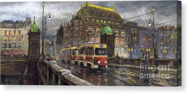 Prague Canvas Print featuring the painting Prague Tram Legii Bridge National Theatre by Yuriy Shevchuk