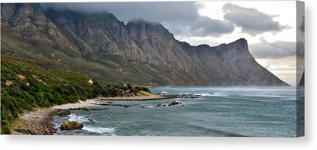 Landscape; Rocky; Coast- Line; Mountains; Morning Light; South Africa; Overberg; Atlantic Ocean; Stormy Weather; Dark Clouds; Panorama; Beach; Sand; Canvas Print featuring the photograph Rocky Coast Line by Werner Lehmann