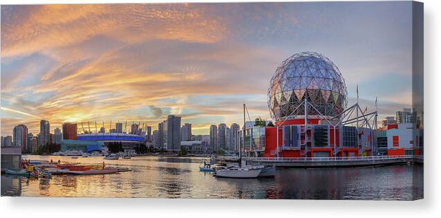 Canada Canvas Print featuring the photograph Science World and BC Place Stadium at Sunset. Vancouver, BC by Rick Deacon