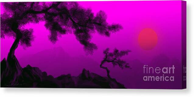 Japanese; Sunset; Mountains; Trees; Rising; Sun; Contemporary; Purple; Pink;sunrise; Sunset Canvas Print featuring the painting Serenity by James Hill