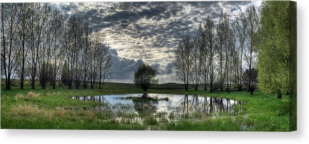 Pond Spring Green North Dakota Nd Landscape Scenic Rural Sky Panorama Pano Water Tree Frogs Canvas Print featuring the photograph Spring Pond by Peter Herman