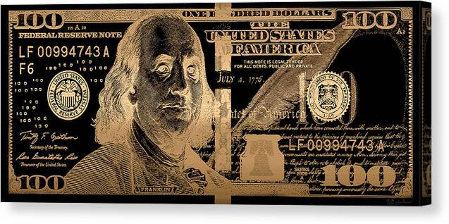 'visual Art Pop' Collection By Serge Averbukh Canvas Print featuring the digital art One Hundred US Dollar Bill - $100 USD in Gold on Black by Serge Averbukh