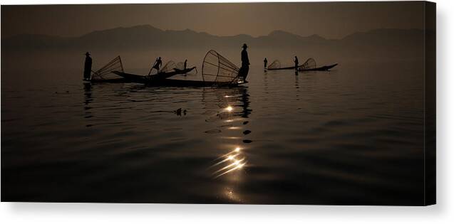 Tranquility Canvas Print featuring the photograph Fishermen On Inle Lake, Myanmar #3 by Mint Images - Art Wolfe