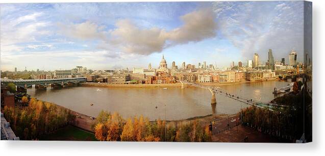 London Millennium Footbridge Canvas Print featuring the photograph Autumn Panorama Over The City Of London by Tracy Packer Photography