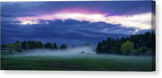 Coulee Canvas Print featuring the photograph Coulee Fog - Serene sunset scenic near Brinsmade, North Dakota by Peter Herman