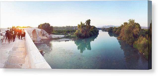 Goats Canvas Print featuring the photograph Panoramic View Of Goats Standing On Bridge Over River Against Sky by Cavan Images