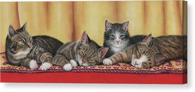 Relaxing Tabbies Canvas Print featuring the painting Relaxing Tabbies by Janet Pidoux