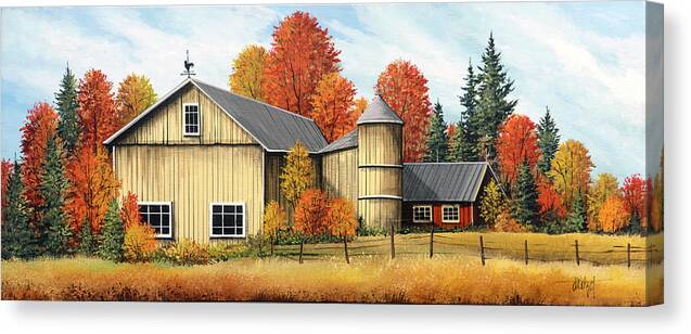 Yellow Barn Fall Canvas Print featuring the painting Yellow Barn Fall by Debbi Wetzel