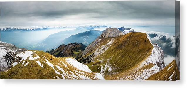 Panorama Canvas Print featuring the photograph Mountain Landscape. Tomlishorn Trail, Mount Pilatus, Switzerland #1 by Rick Deacon
