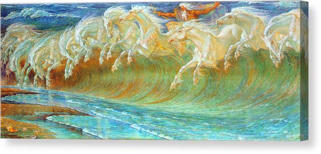 Walter Crane Symbolism Greek Mythology Neptune Poseidon Horses English Canvas Print featuring the painting Neptune's Horses #1 by Walter Crane