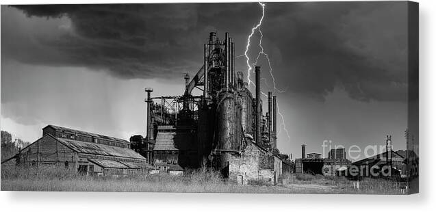 Bethlehem Steel Canvas Print featuring the photograph Bethlehem Steel Ruins Blast Furnace USA BW by Chuck Kuhn