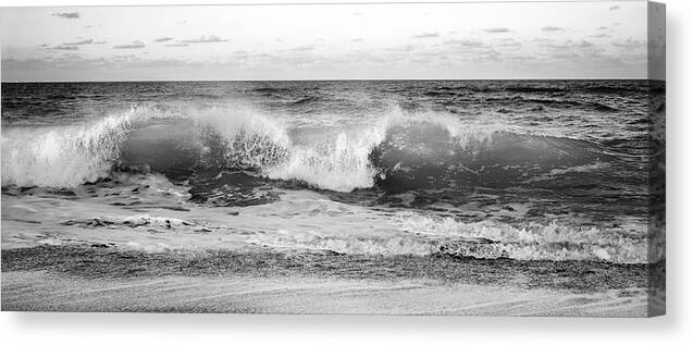 Wave Canvas Print featuring the photograph Breaking Wave Panorama Black and White by Laura Fasulo