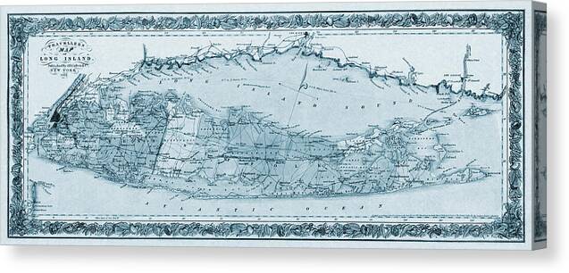 Long Island Canvas Print featuring the photograph Long Island Vintage Map 1857 Blue by Carol Japp