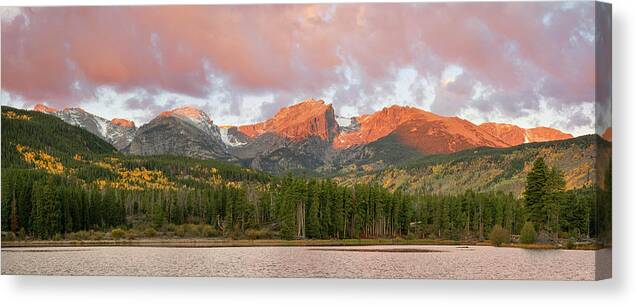 Panorama Canvas Print featuring the photograph Sprague Lake Autumn Sunrise Panorama by Aaron Spong