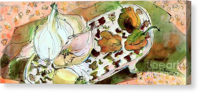 Food Art Canvas Print featuring the painting Still Life Garlic Peppers Watercolor Art by Ginette Callaway