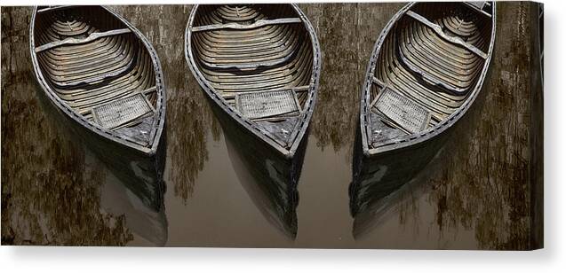 Appalachia Canvas Print featuring the photograph Three Old Canoes Panorama by Debra and Dave Vanderlaan