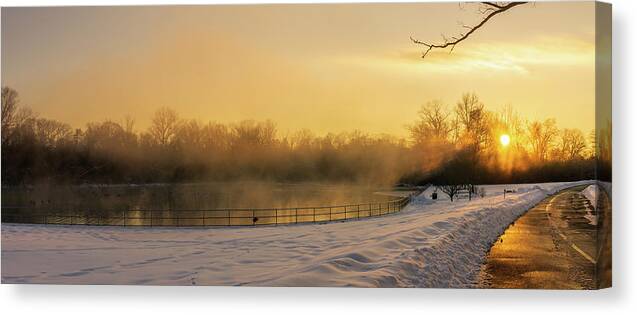 Snow Canvas Print featuring the photograph Trexler Park Pond Foggy Winter Sunrise by Jason Fink