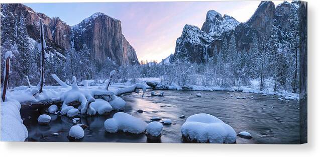 Destinations Canvas Print featuring the photograph Valley Winter Dawn Pano by Jonathan Nguyen