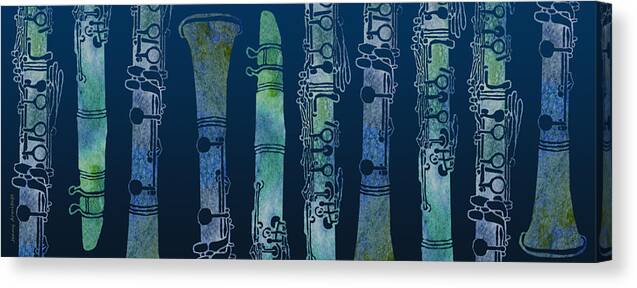 A Watercolor Collage Of Clarinet Pieces. Canvas Print featuring the mixed media Clarinet Blues by Jenny Armitage