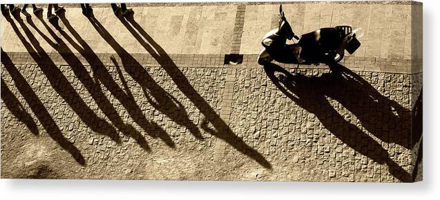 Working Canvas Print featuring the photograph People And Motorcycles Shadows by Okeyphotos