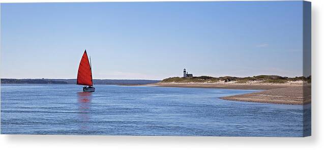 Sail Canvas Print featuring the photograph Ripple Catboat with Red Sail and Lighthouse by Charles Harden