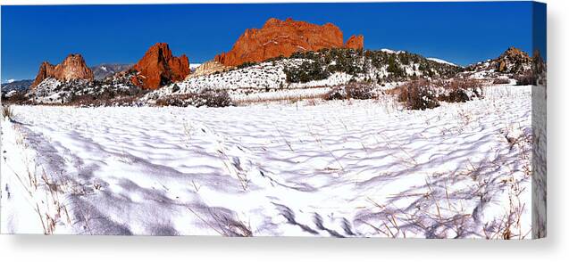 Garden Of The Cogs Canvas Print featuring the photograph Garden Of The Gods Snowy Morning Panorama Crop by Adam Jewell