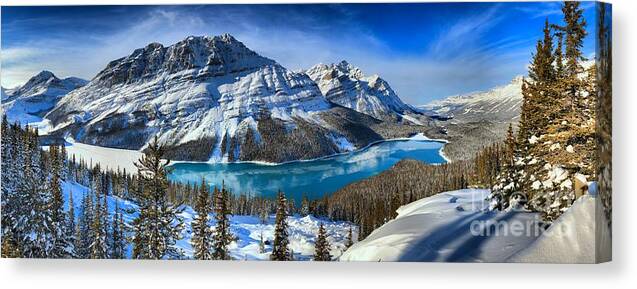 Peyto Canvas Print featuring the photograph Peyto Lake Winter Paradise Panorama by Adam Jewell
