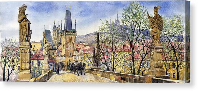 Watercolour Canvas Print featuring the painting Prague Charles Bridge Spring by Yuriy Shevchuk