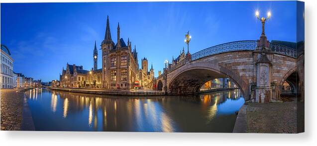Landscape Canvas Print featuring the photograph Ghent, Belgium Old Town Cityscape #22 by Sean Pavone