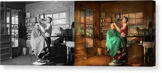Barber Art Canvas Print featuring the photograph Barber - JH Parham Barber and Notary Public 1941 - Side by Side by Mike Savad