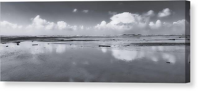 Black And White Photography Canvas Print featuring the photograph Comber's Beach Reflection Panorama by Allan Van Gasbeck