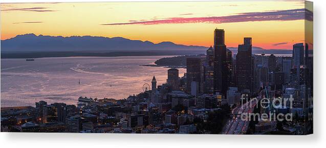 Seattle Canvas Print featuring the photograph Seattle and Elliott Bay Blue Hour by Mike Reid
