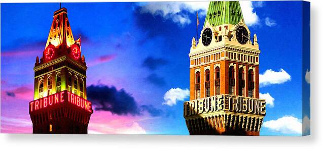 Tribune Tower Canvas Print featuring the digital art The Tribune Tower in Oakland, in a transition from night to day by Nicko Prints