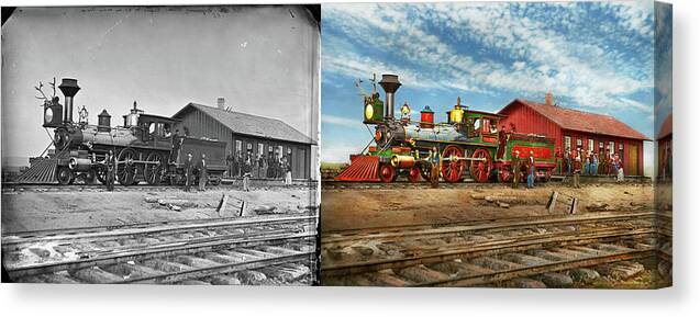 Train Canvas Print featuring the photograph Train - Locomotive - Apache Number 23 1868 - Side by Side by Mike Savad
