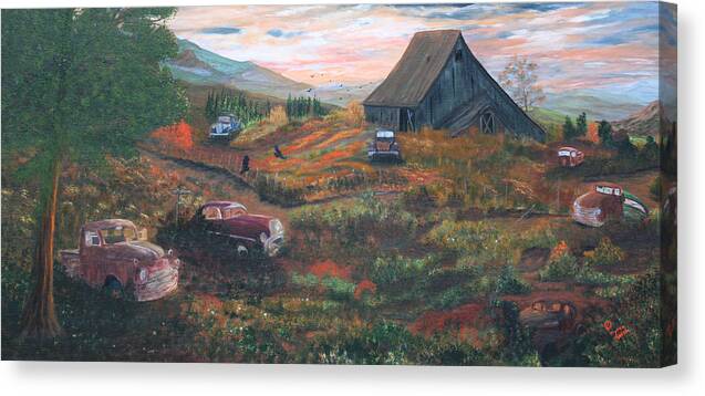 Old Cars In Painting Canvas Print featuring the painting Weeds and Rust by Myrna Walsh