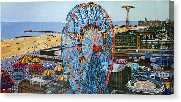 Coney Island Beach Canvas Print featuring the painting View From The Top Of The Cyclone Rollercoaster by Bonnie Siracusa