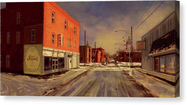 Christmas Canvas Print featuring the painting Any Town Christmas Morning by Hans Neuhart