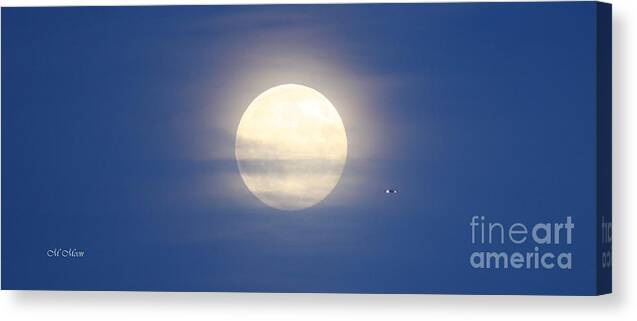 Airplane Canvas Print featuring the photograph Airplane Flying Into Full Moon by Tap On Photo