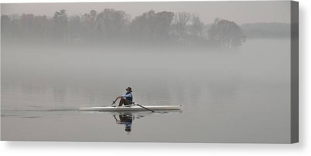 Red Bank Canvas Print featuring the photograph Rowing Into Morning Fog by Gary Slawsky