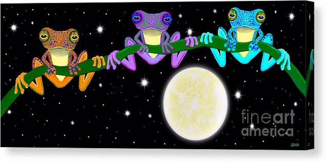 Frog Canvas Print featuring the painting Three little frogs in the moonlight by Nick Gustafson