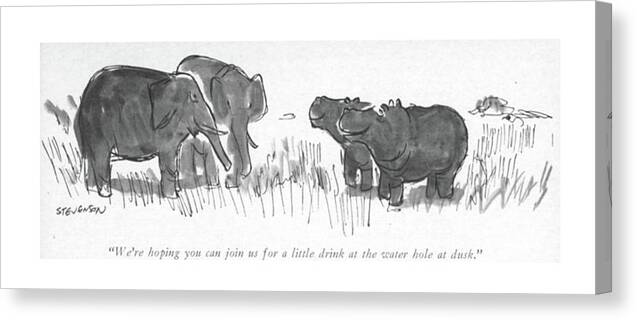 73781 Jst James Stevenson (hippopotamus Couple To Elephant And His Wife.) Africa Alcohol Bars Couple Couples Drinks Elephants Hippopotamus Marriage -rdm Relationships Social Socializing Wildlife Canvas Print featuring the drawing We're Hoping You Can Join Us For A Little Drink by James Stevenson