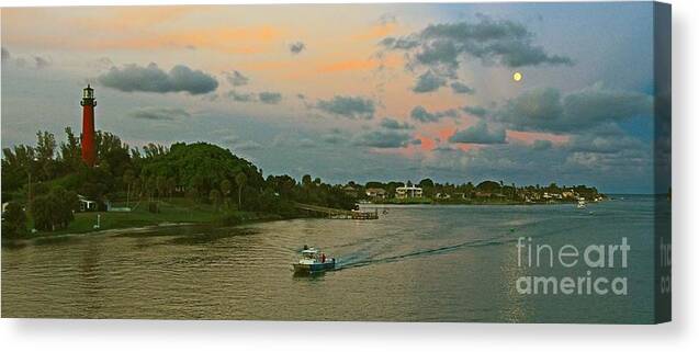 Lighthouse Canvas Print featuring the photograph Jupiter Lighthouse moon rising by Larry Nieland