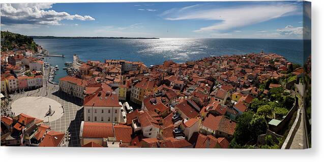 Aerial Canvas Print featuring the photograph Aerial panorama of Piran Slovenia on Adriatic sea with marina an by Reimar Gaertner