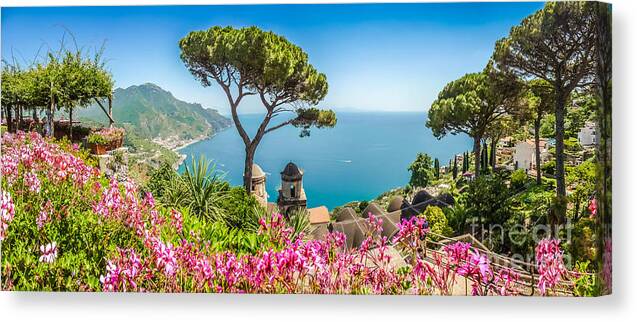 Amalfi Canvas Print featuring the photograph Amalfi Coast from Villa Rufolo gardens in Ravello, Campania, Ita by JR Photography