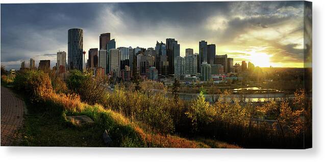 Calgary Canvas Print featuring the photograph Calgary Sunset Panorama by Mohsen K