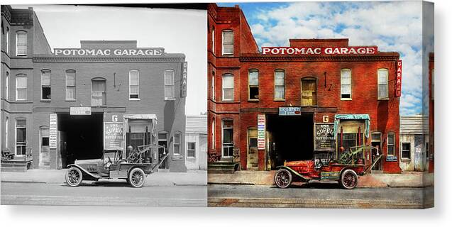 Potomac Garage Canvas Print featuring the photograph Car - Garage - Misfit Garage 1922 - Side by Side by Mike Savad