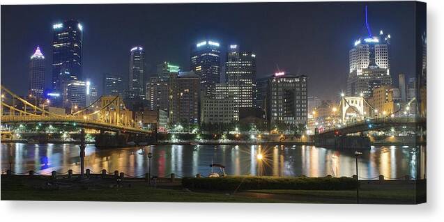 Pittsburgh Canvas Print featuring the photograph Night Panorama of Pittsburgh by Frozen in Time Fine Art Photography