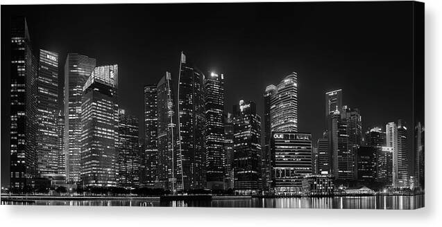 Panorama Canvas Print featuring the photograph Singapore Skyline Panorama Black and White by Rick Deacon