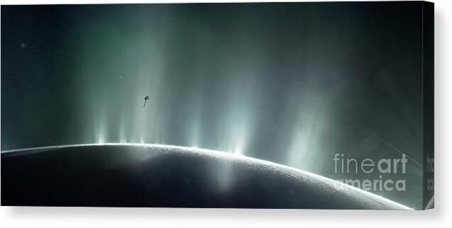 Astronomical Canvas Print featuring the photograph Cassini At Saturn's Moon Enceladus by Nasa/jpl-caltech/science Photo Library