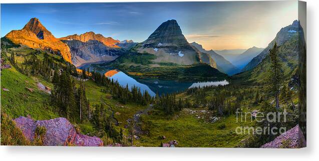 Hidden Lake Canvas Print featuring the photograph Hidden Lake Sunset Perfection Panorama by Adam Jewell